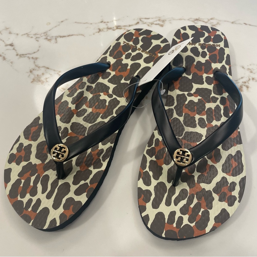 Tory Burch Shoes | NEW Black Brown Animal Leopard Print Thin Flip-Flop US Sz 6